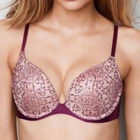 Victoria’s Secret Very Sexy Plunge Push Up Bra Burgundy Embroidered Size 34B - Picture 2 of 7